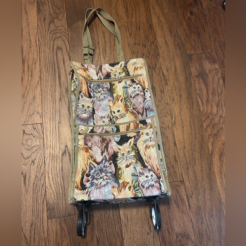 Tapestry Cat Print Rolling Tote Bag-see description
